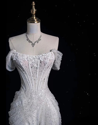 Elegant Sparkling Sequin Mermaid Design Off-the-shoulder Princess Wedding Dress TP4100