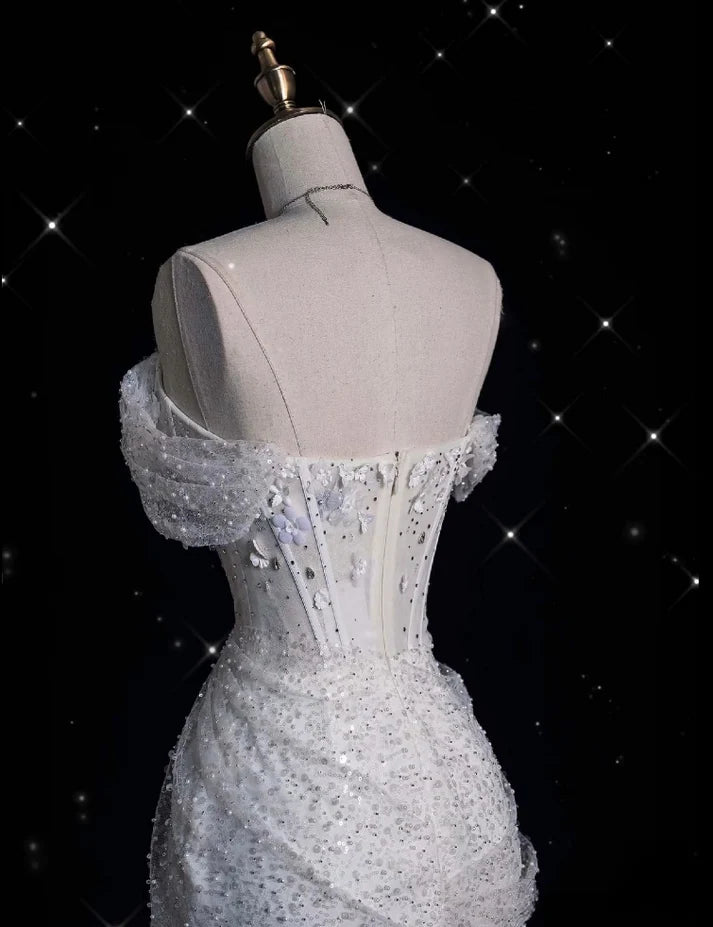 Elegant Sparkling Sequin Mermaid Design Off-the-shoulder Princess Wedding Dress TP4100