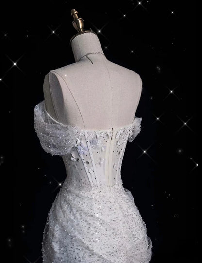 Elegant Sparkling Sequin Mermaid Design Off-the-shoulder Princess Wedding Dress TP4100