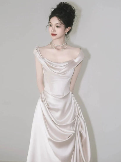 Retro Off-the-shoulder Floor Length Design Elegant Satin A-Line Wedding Dress TP4103
