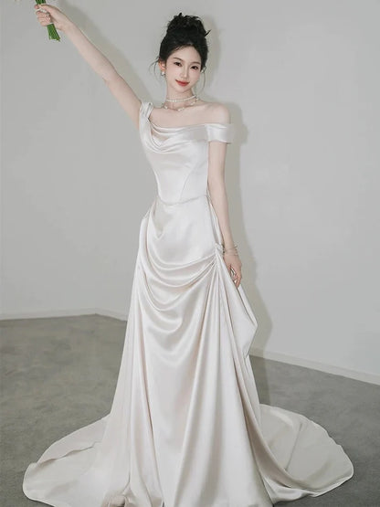 Retro Off-the-shoulder Floor Length Design Elegant Satin A-Line Wedding Dress TP4103