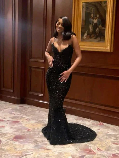 Sexy Black Glittering Sequined Beaded Sweetheart Strapless Mermaid Floor-length High Slit Prom Dress Evening Dress TP4322