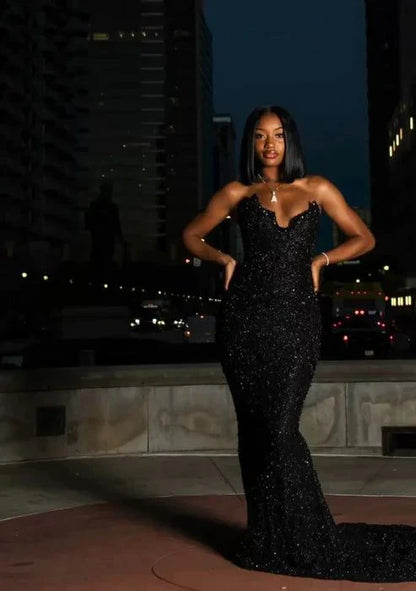 Sexy Black Glittering Sequined Beaded Sweetheart Strapless Mermaid Floor-length High Slit Prom Dress Evening Dress TP4322