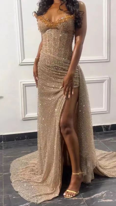 Enchanting Shiny Champagne Beaded Strapless Slit Prom Dress Evening Dress TP4330