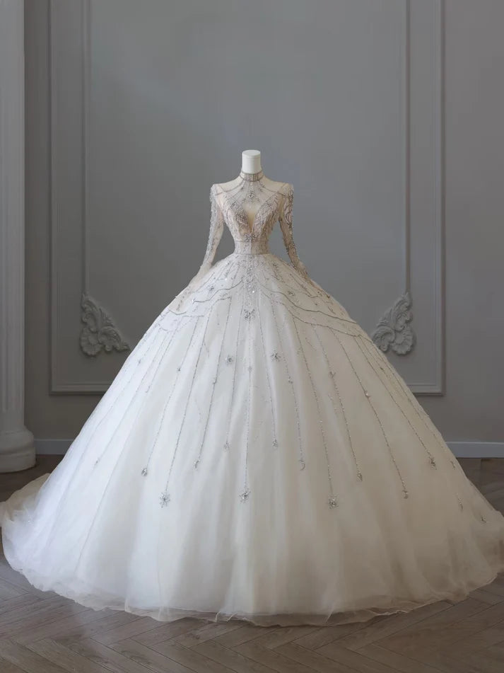 Vintage Sparkling Beaded Ball Gown Design A-Line Long-sleeved Princess Wedding Dress TP4102