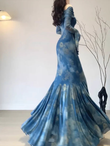 Vintage Blue Off-the-shoulder Floral Design Elegant Mermaid Chiffon Evening Dress Prom Dress TP4116