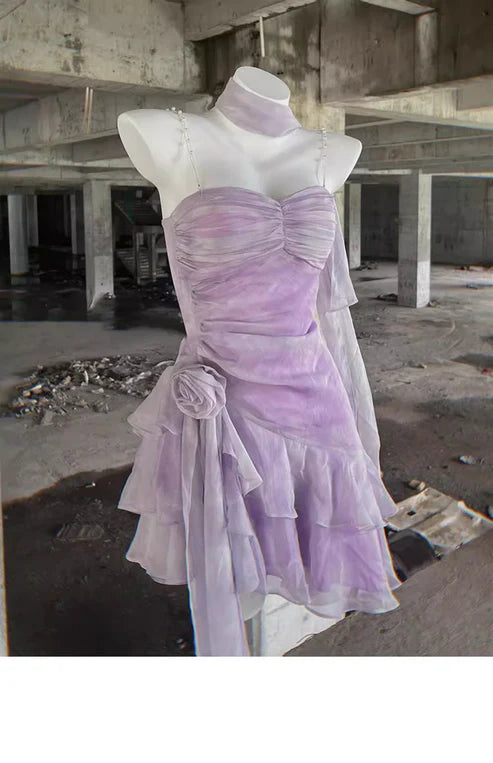 Retro Light Purple A-line Spaghetti Strap Short Lilac Homecoming Dress 17th Birthday Dress TP4036