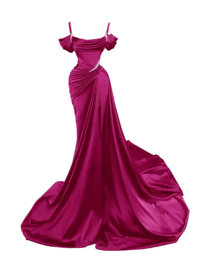 Elegant Mermaid Spaghetti Strap Prom Dress Pleated High Slit Evening Gown Party Dress Long Formal Dress TP4815