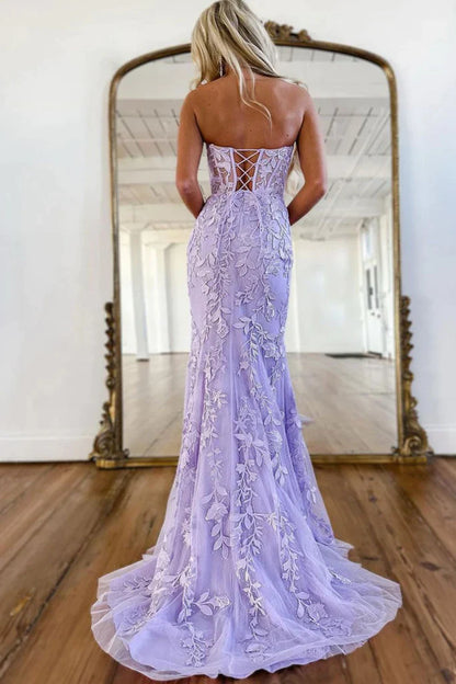 Mermaid Strapless Purple Lace Long Prom Dress, Purple Lace Formal Dress, Long Purple Evening Dress TP15