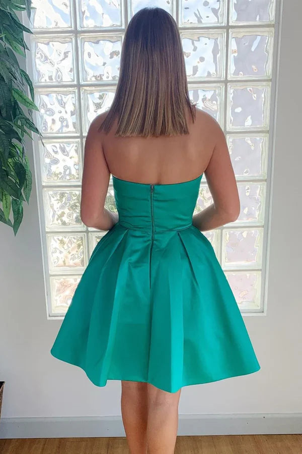 Fashion Green Pockets Design Prom Dress Short Strapless Homecoming Dress TP3566