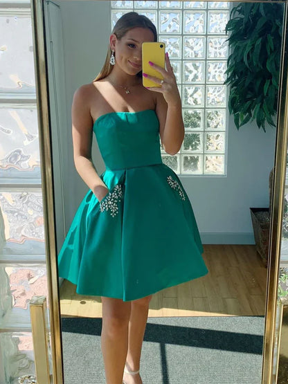 Fashion Green Pockets Design Prom Dress Short Strapless Homecoming Dress TP3566