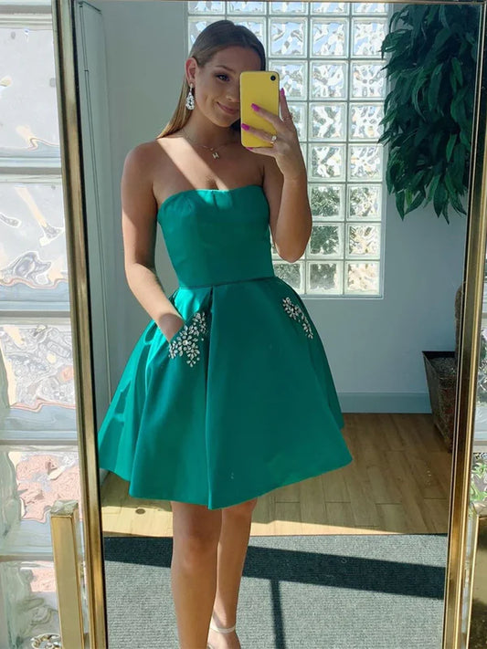 Fashion Green Pockets Design Prom Dress Short Strapless Homecoming Dress TP3566