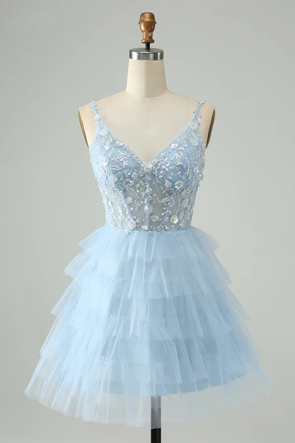 Vintage Light Blue Beaded Design Spaghetti Strap Short Homecoming Dresses  TP3516