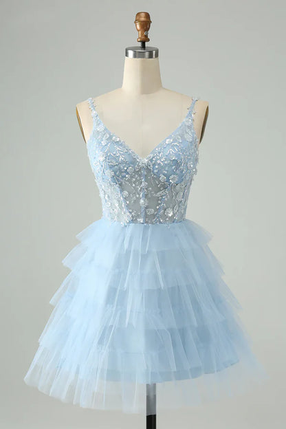 Vintage Light Blue Beaded Design Spaghetti Strap Short Homecoming Dresses  TP3516