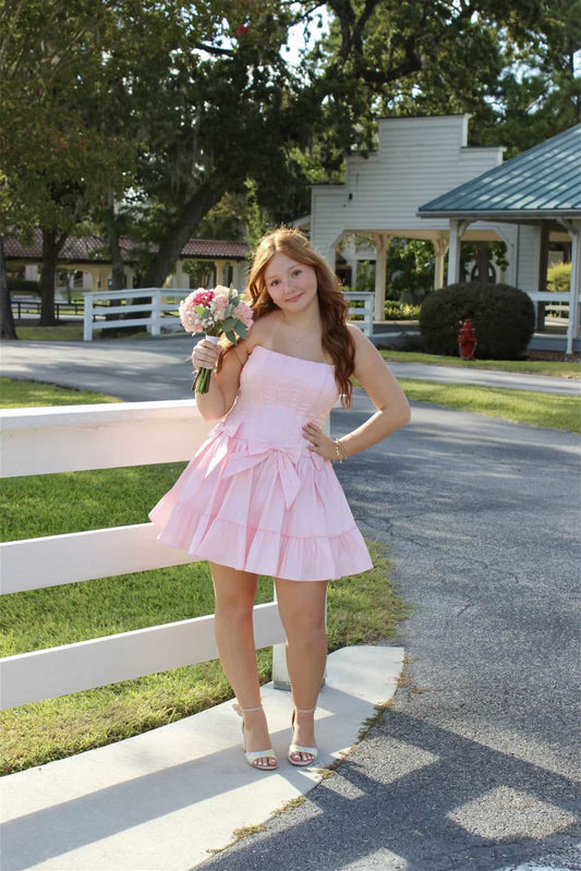 Vintage Pink Strapless Corset Tiered A-Line Homecoming Dress TP5999