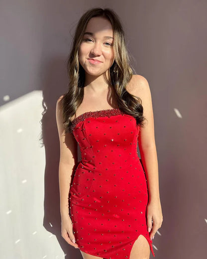 Fashion Red Beaded Bowknot Design Tight Short Strapless Homecoming Dress TP3544