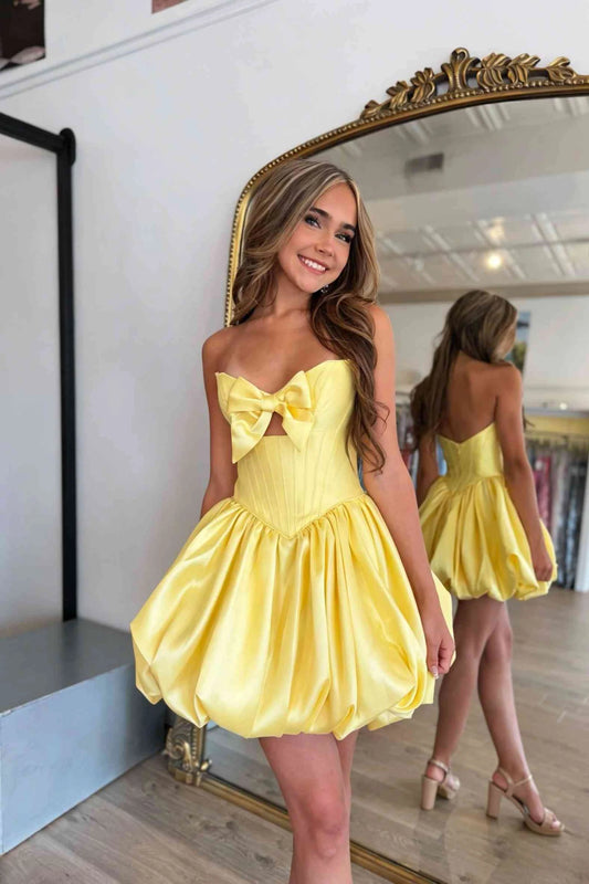 Vintage Yellow Strapless Corset Big Bow Bubble Hem A-Line Homecoming Dress TP6008