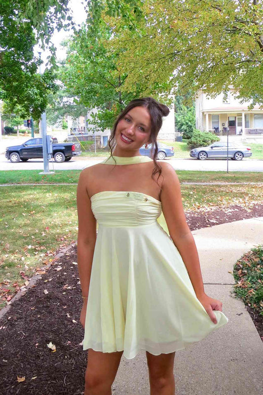 Cute Pale Yellow Strapless Chiffon A-Line Homecoming Dress with Scarf TP6012