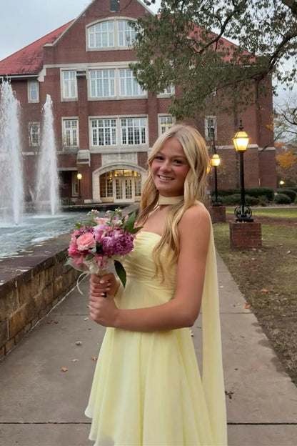 Cute Pale Yellow Strapless Chiffon A-Line Homecoming Dress with Scarf TP6012