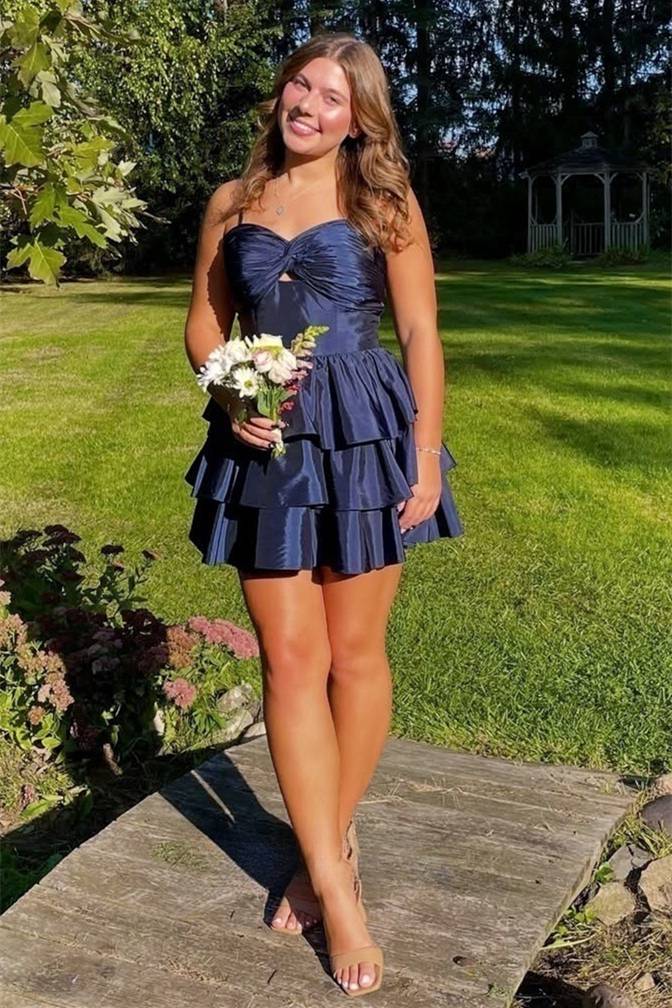 Vintage Navy Blue Satin Strapless Sweetheart Tiered Ruffle A-Line Homecoming Dress TP6004