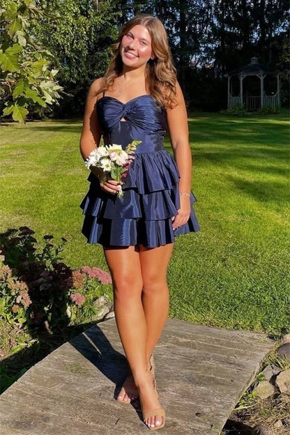 Vintage Navy Blue Satin Strapless Sweetheart Tiered Ruffle A-Line Homecoming Dress TP6004