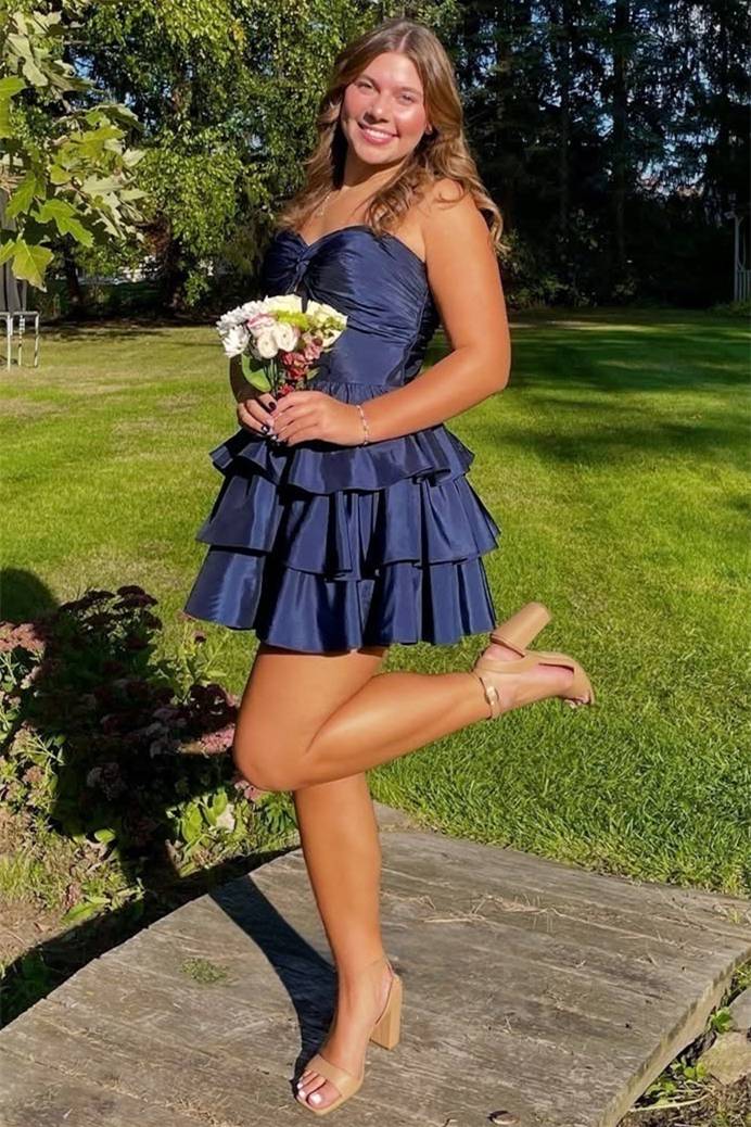 Vintage Navy Blue Satin Strapless Sweetheart Tiered Ruffle A-Line Homecoming Dress TP6004
