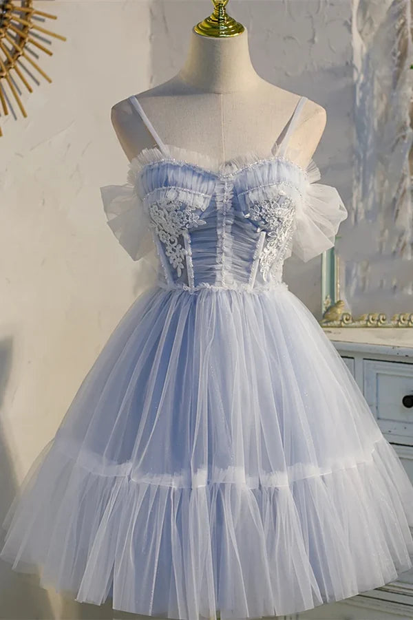 Sweet Light Blue Lace Appliques Design A-line Tulle Short Spaghetti Strap Homecoming Dress TP3571