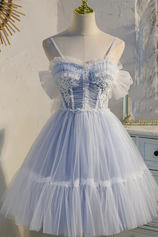 Sweet Light Blue Lace Appliques Design A-line Tulle Short Spaghetti Strap Homecoming Dress TP3571
