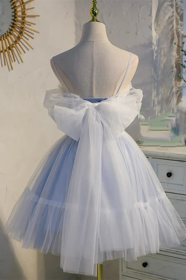 Sweet Light Blue Lace Appliques Design A-line Tulle Short Spaghetti Strap Homecoming Dress TP3571