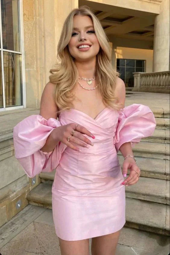 Charming Sweetheart Pink Bubble Sleeves Design A-line Satin Homecoming Dress TP3598