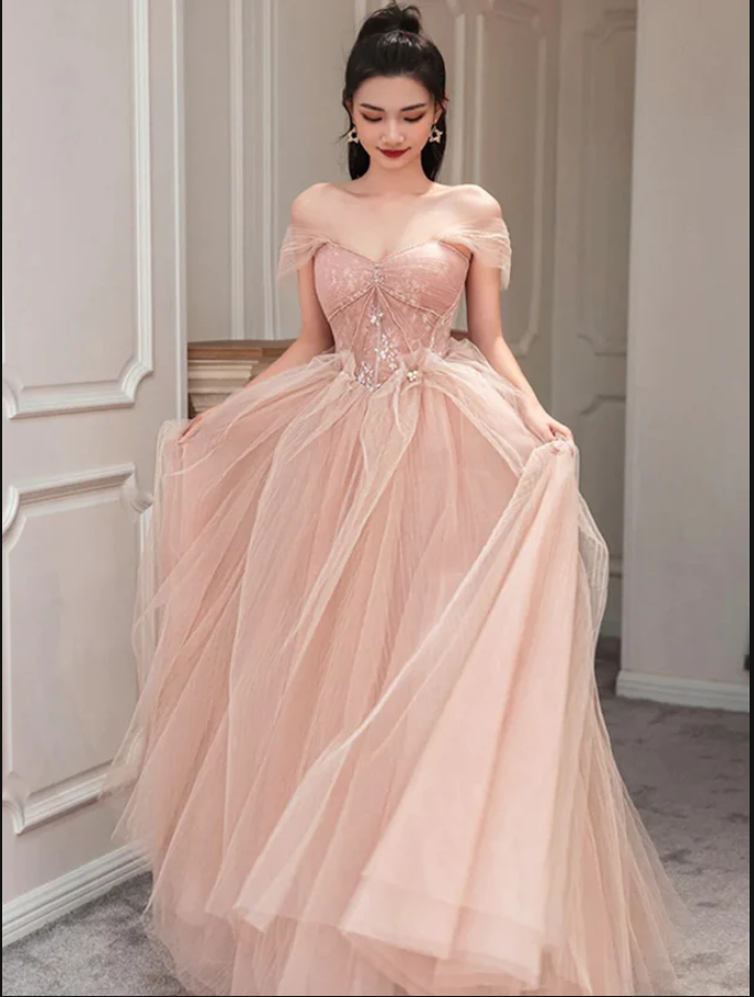 Chic Pink Off‑the‑Shoulder Prom Dress A-line Tulle Long Evening Dress TH002