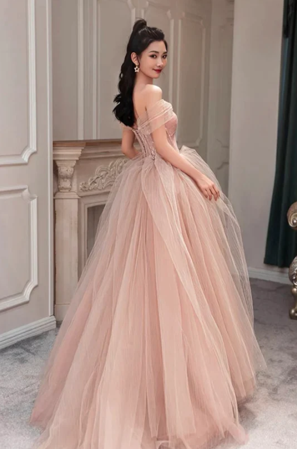 Chic Pink Off‑the‑Shoulder Prom Dress A-line Tulle Long Evening Dress TH002