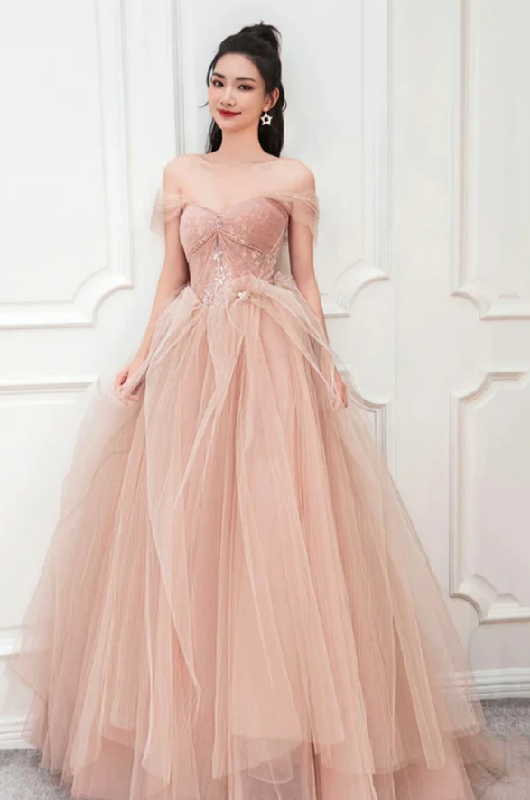 Chic Pink Off‑the‑Shoulder Prom Dress A-line Tulle Long Evening Dress TH002