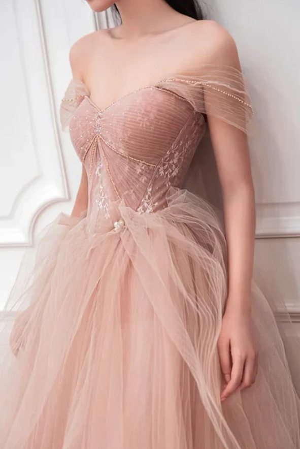 Chic Pink Off‑the‑Shoulder Prom Dress A-line Tulle Long Evening Dress TH002