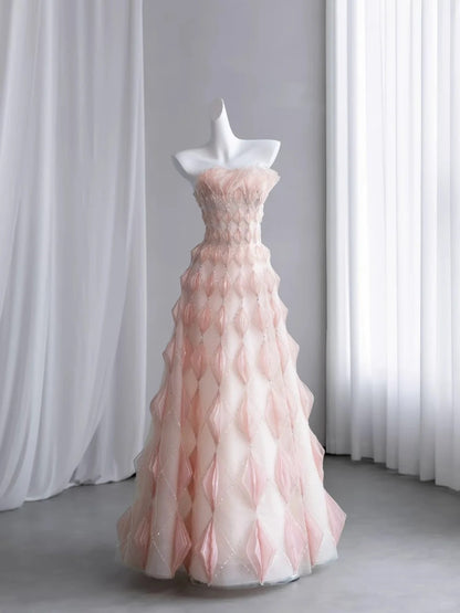 Elegant Pink Strapless Prom Dress A-line Tulle Evening Dress TH003