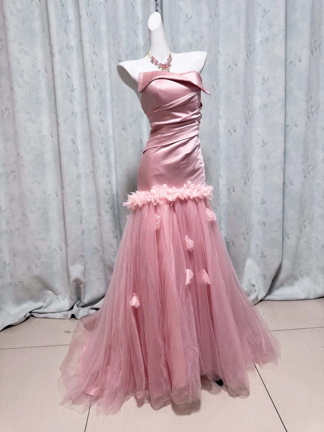 Chic Pink Strapless Prom Dress Sheath Evening Dress Tulle Party Dress TH004