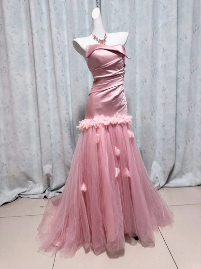 Chic Pink Strapless Prom Dress Sheath Evening Dress Tulle Party Dress TH004