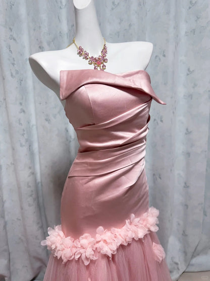 Chic Pink Strapless Prom Dress Sheath Evening Dress Tulle Party Dress TH004