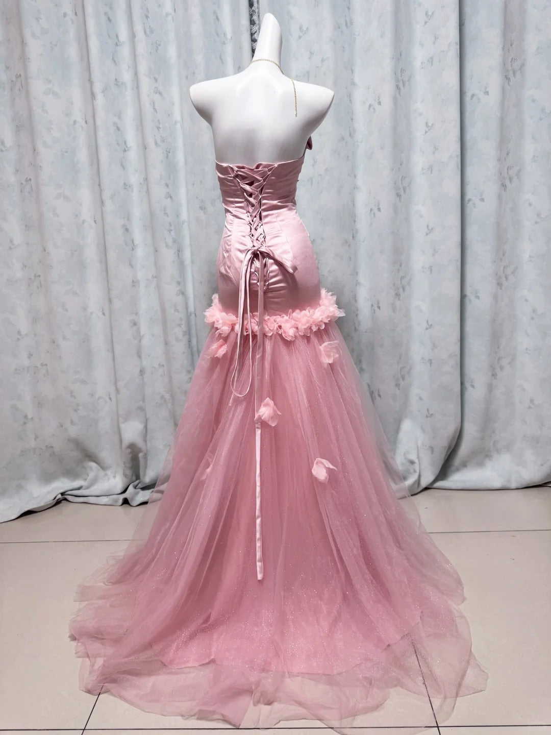 Chic Pink Strapless Prom Dress Sheath Evening Dress Tulle Party Dress TH004