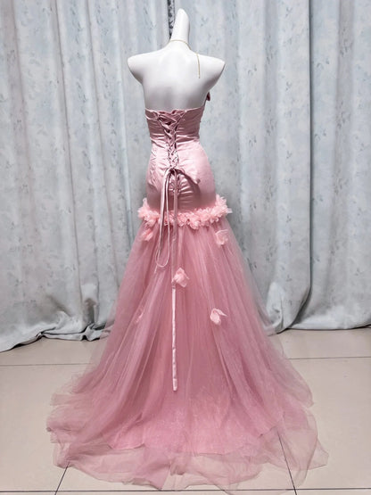 Chic Pink Strapless Prom Dress Sheath Evening Dress Tulle Party Dress TH004