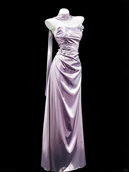 Chic Purple Strapless Prom Dress Sheath Evening Dress Satin Party Dress TH005