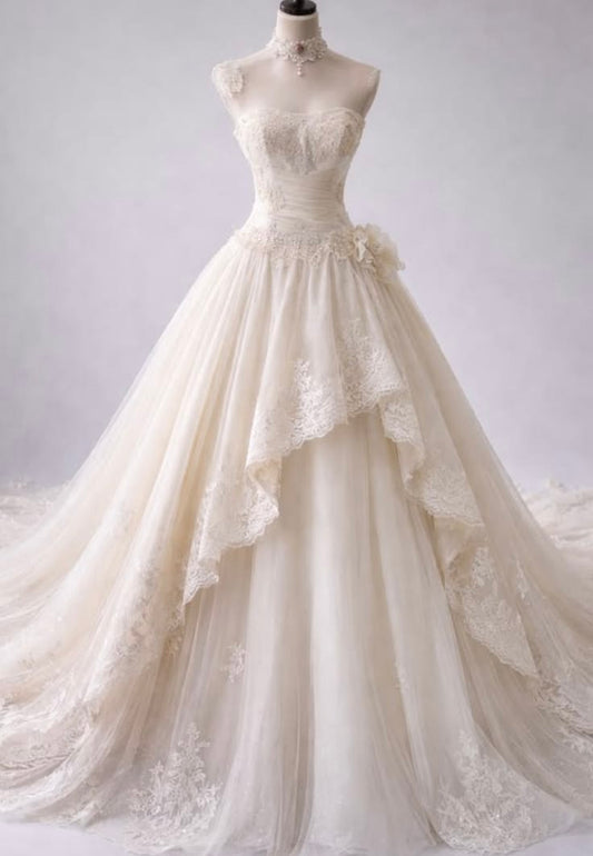 Beautiful White Lace Off-the-Shoulder Ball gown Long Wedding Dress TH010