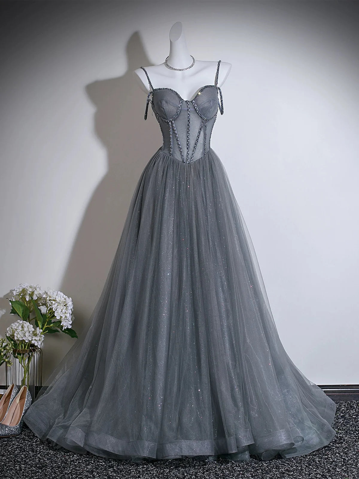 A- line Sweetheart  Neck Tulle Sweep Train Gray Prom Dress with Beads TH013