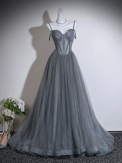 A- line Sweetheart  Neck Tulle Sweep Train Gray Prom Dress with Beads TH013