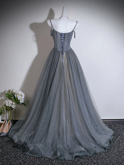 A- line Sweetheart  Neck Tulle Sweep Train Gray Prom Dress with Beads TH013