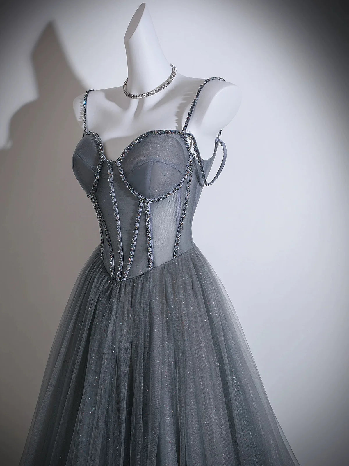 A- line Sweetheart  Neck Tulle Sweep Train Gray Prom Dress with Beads TH013