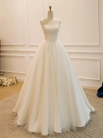 A-Line Tulle Light Champagne Long Prom Dress, Light Champagne Evening Dress TH014