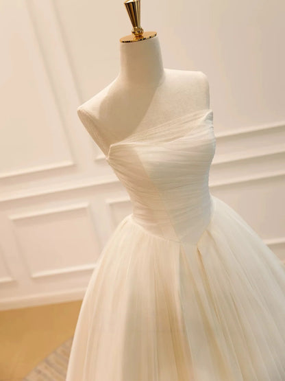 A-Line Tulle Light Champagne Long Prom Dress, Light Champagne Evening Dress TH014