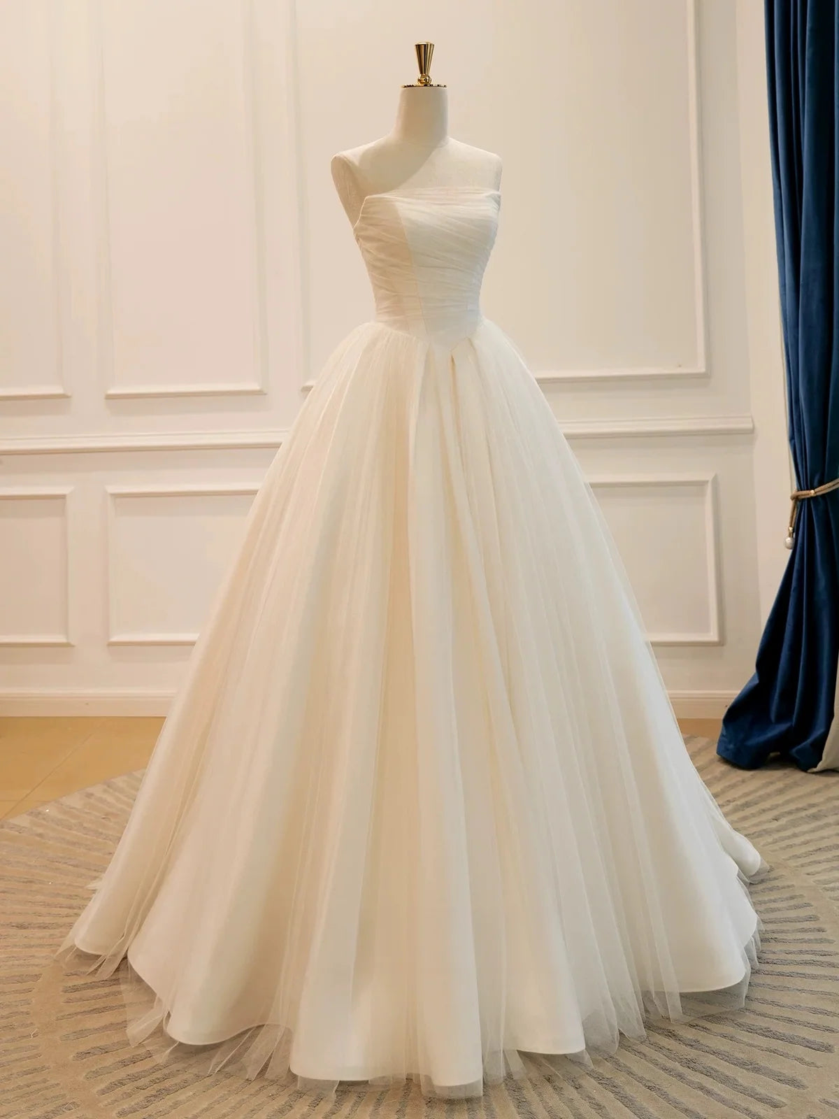 A-Line Tulle Light Champagne Long Prom Dress, Light Champagne Evening Dress TH014