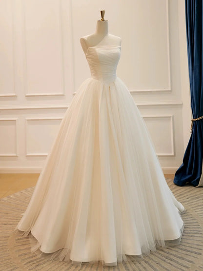 A-Line Tulle Light Champagne Long Prom Dress, Light Champagne Evening Dress TH014